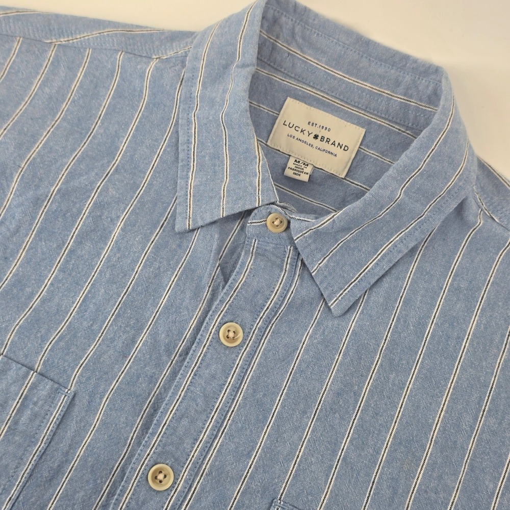 Lucky Brand Button Down Shirt Mens M Blue Striped Short Sleeve Pocket Casual